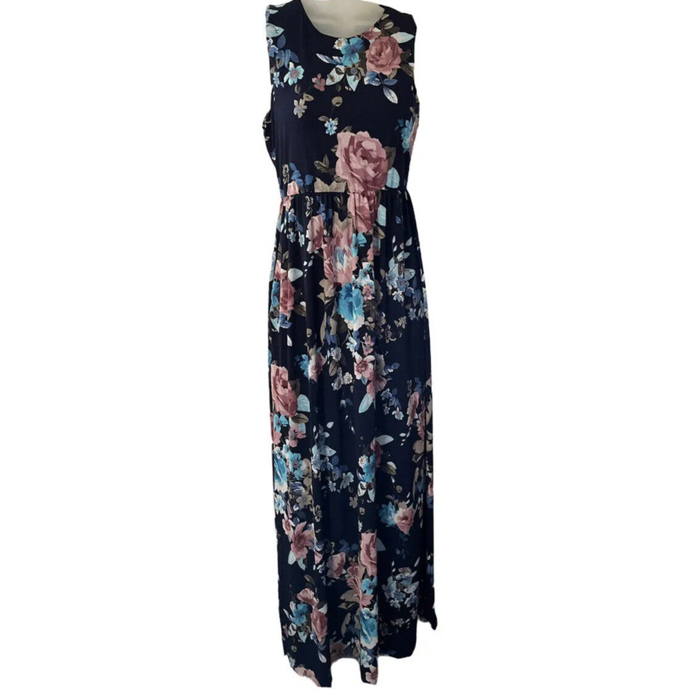 Sleeveless Navy Floral Midi Dress with Pink & Blue Blooms